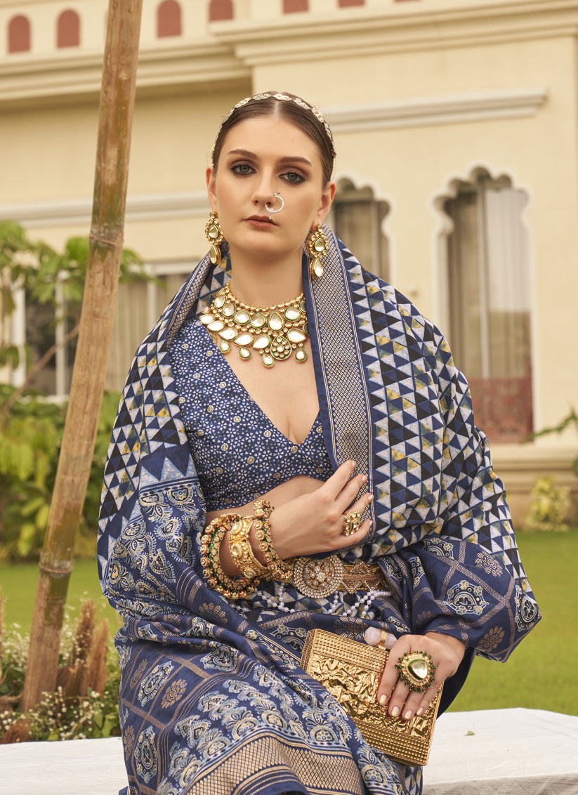 Navy Blue Silk Digital Printed Saree