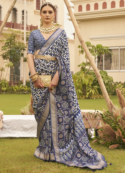 Navy Blue Silk Digital Printed Saree