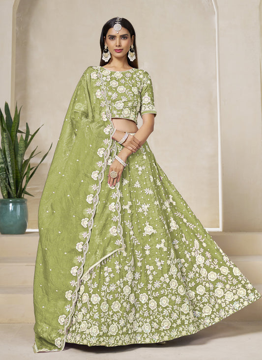 Magnetic Pear Green Crush Organza Heavy Embroidered Lehenga Choli Set for Wedding