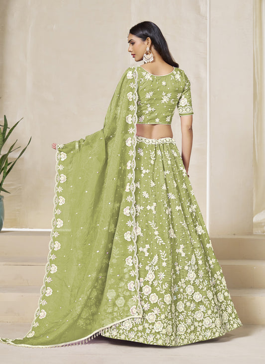 Magnetic Pear Green Crush Organza Heavy Embroidered Lehenga Choli Set for Wedding