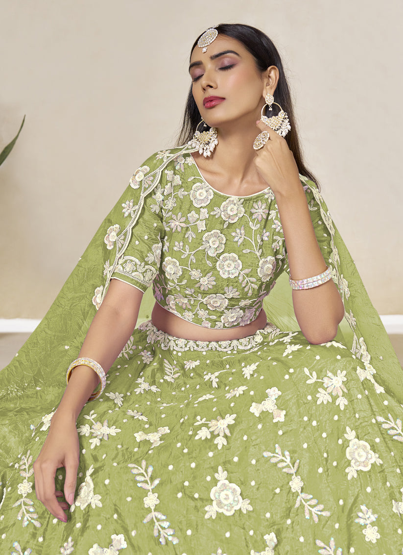 Magnetic Pear Green Crush Organza Heavy Embroidered Lehenga Choli Set for Wedding