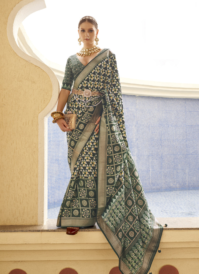 Bottle Green Silk Digital Printed Saree