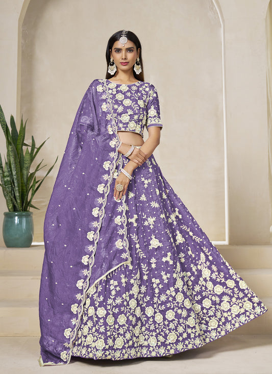 Lovely Lavender Crush Organza Heavy Embroidered Lehenga Choli Set for Wedding