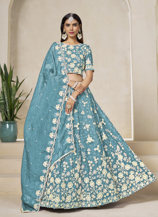 Awesome Firozi Crush Organza Heavy Embroidered Lehenga Choli Set for Wedding