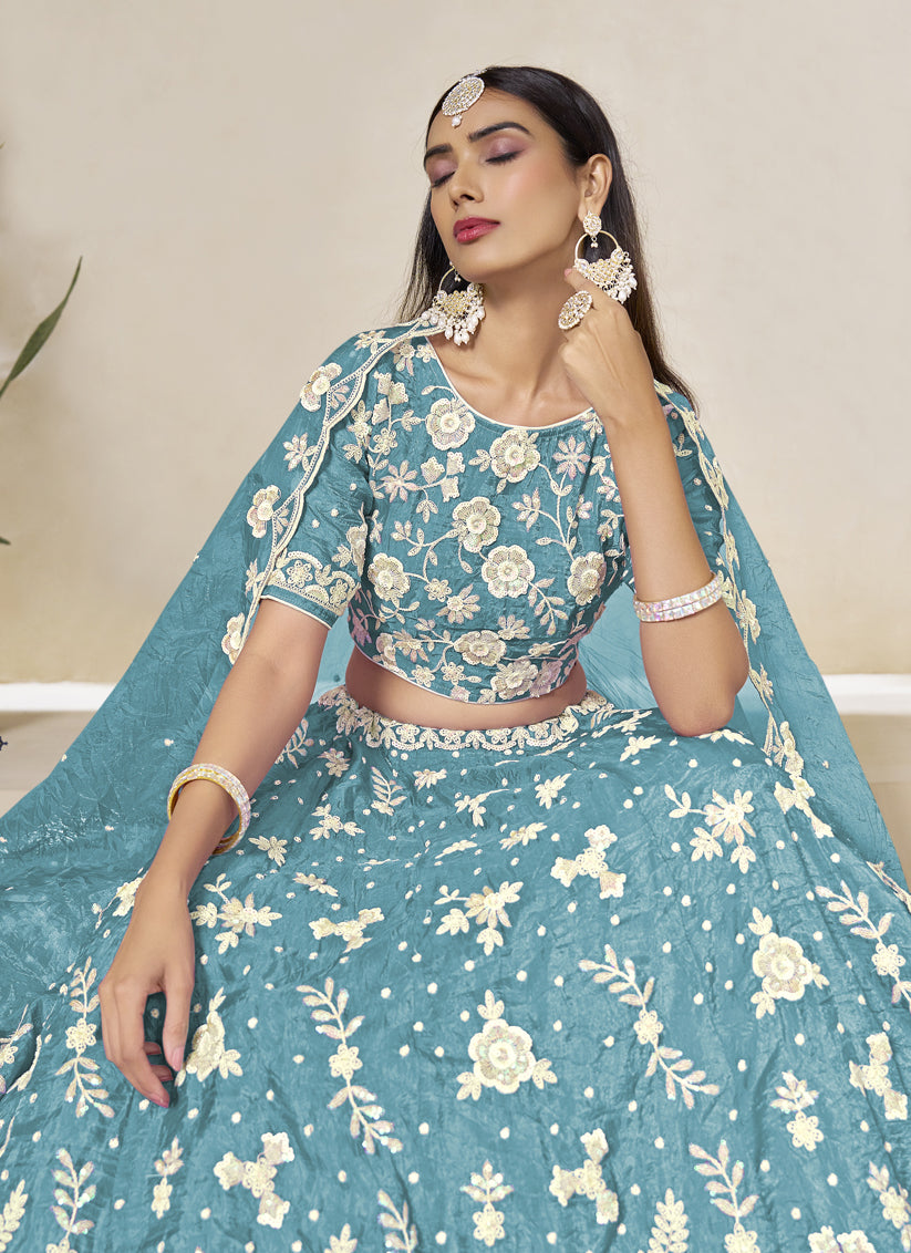 Awesome Firozi Crush Organza Heavy Embroidered Lehenga Choli Set for Wedding