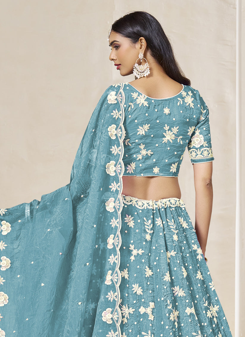 Awesome Firozi Crush Organza Heavy Embroidered Lehenga Choli Set for Wedding