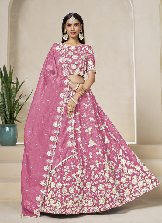 Glamorous Cherry Pink Crush Organza Heavy Embroidered Lehenga Choli Set for Wedding