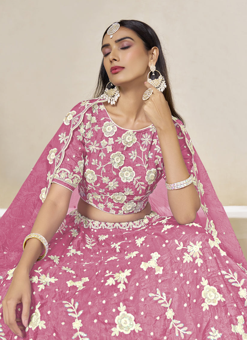 Glamorous Cherry Pink Crush Organza Heavy Embroidered Lehenga Choli Set for Wedding