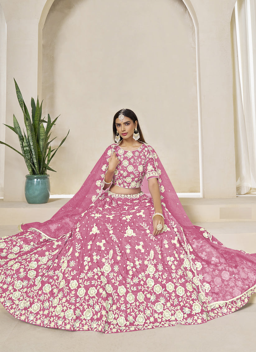 Glamorous Cherry Pink Crush Organza Heavy Embroidered Lehenga Choli Set for Wedding
