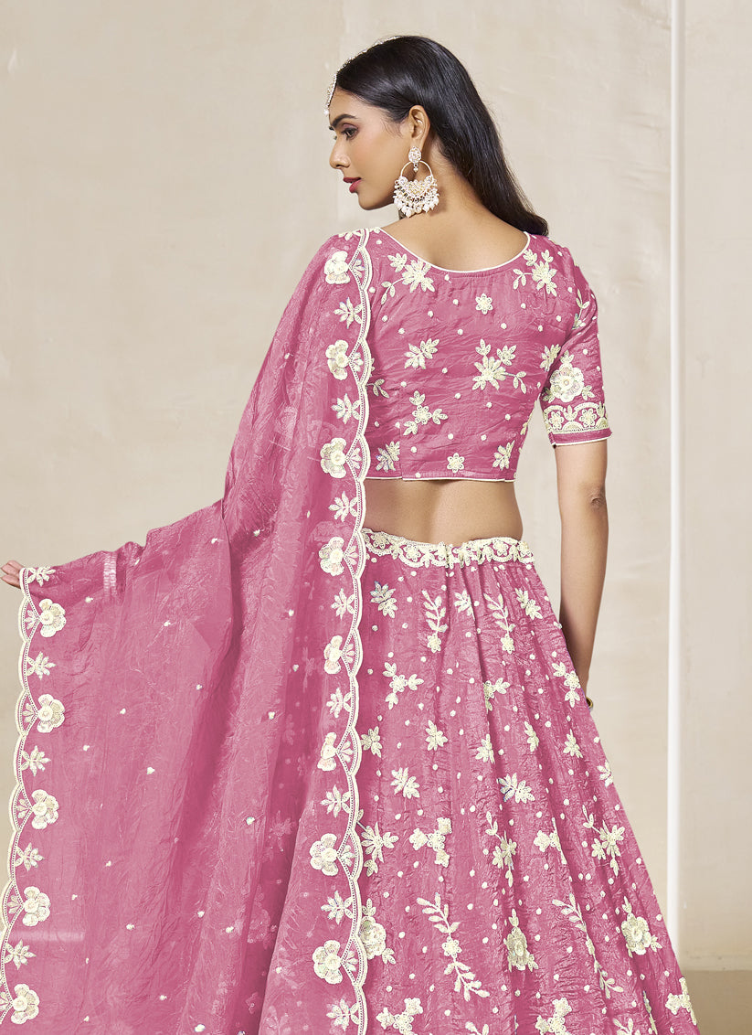 Glamorous Cherry Pink Crush Organza Heavy Embroidered Lehenga Choli Set for Wedding