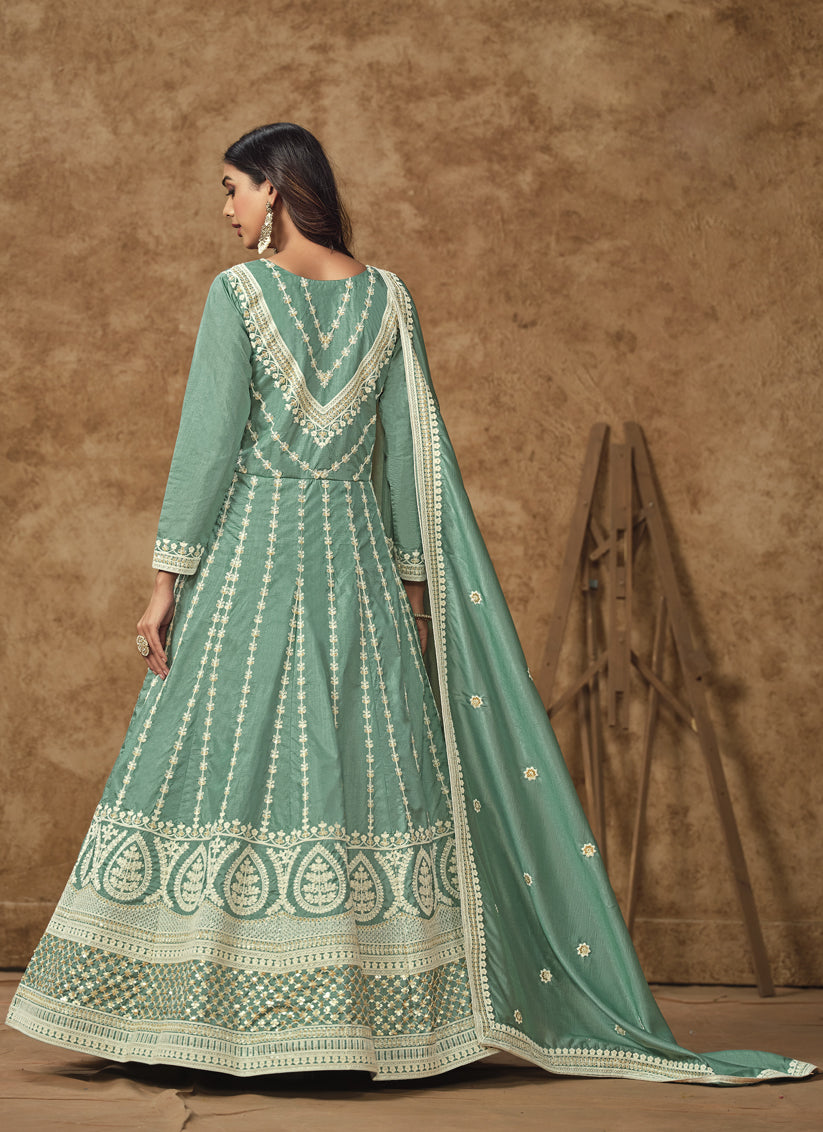 mint blue dola silk embroidered gown with dupatta