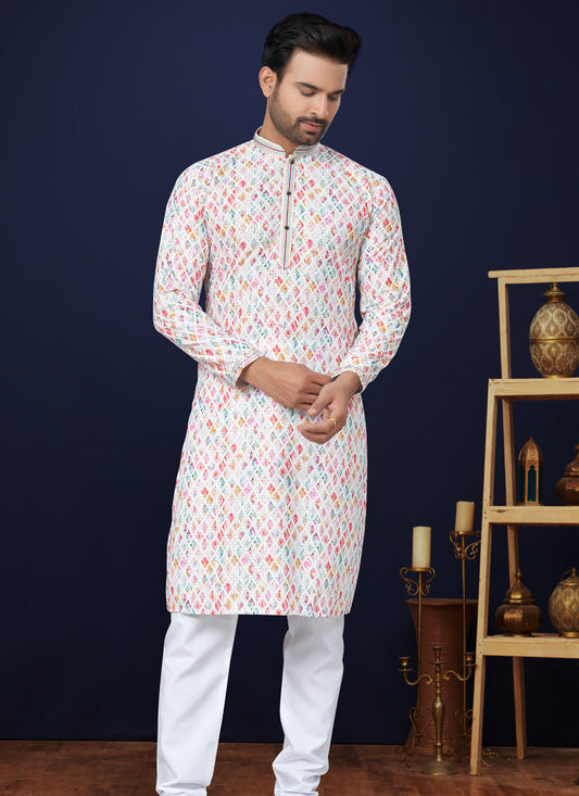 White Cotton Mens Kurta Pajama Set