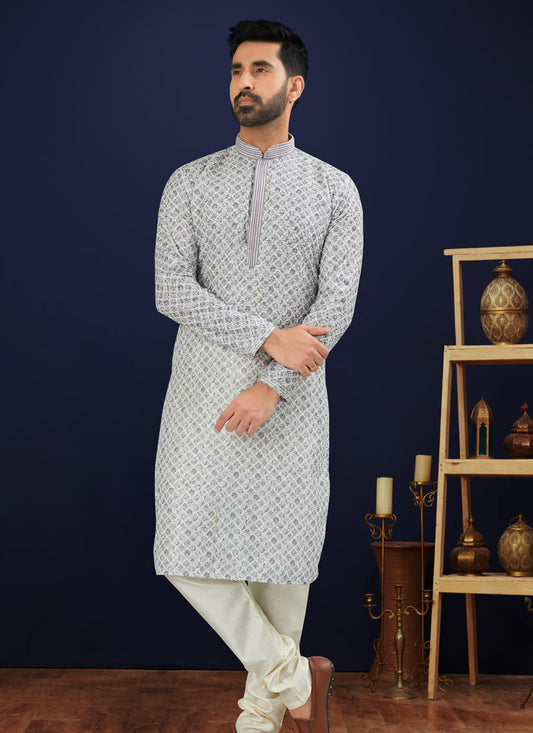 Grey Cotton Mens Kurta Pajama Set