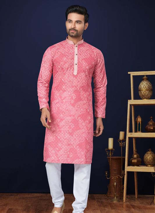 Coral Pink Cotton Mens Kurta Pajama Set