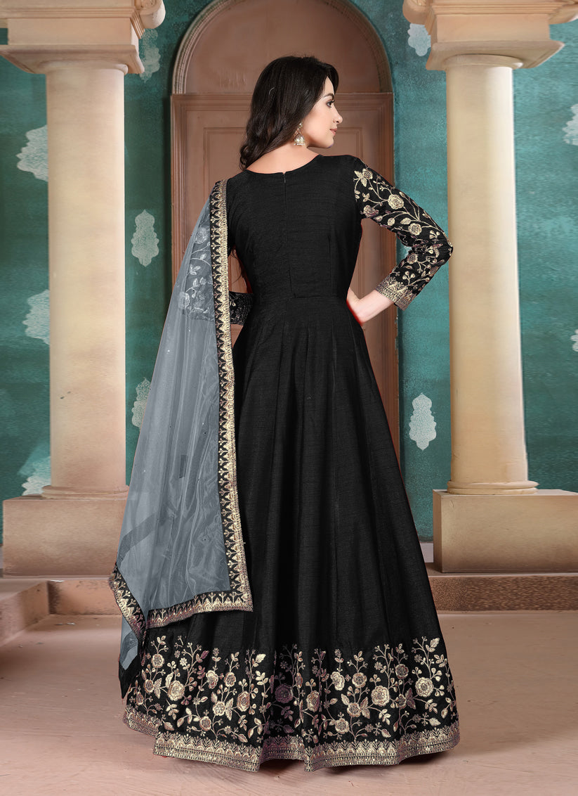Trendsetting Black Silk Slub Embroidered Anarkali Suit