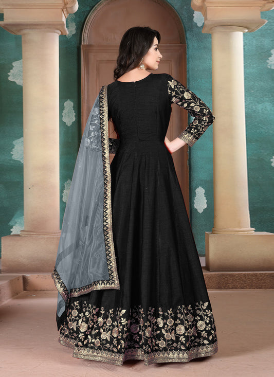 Trendsetting Black Silk Slub Embroidered Anarkali Suit