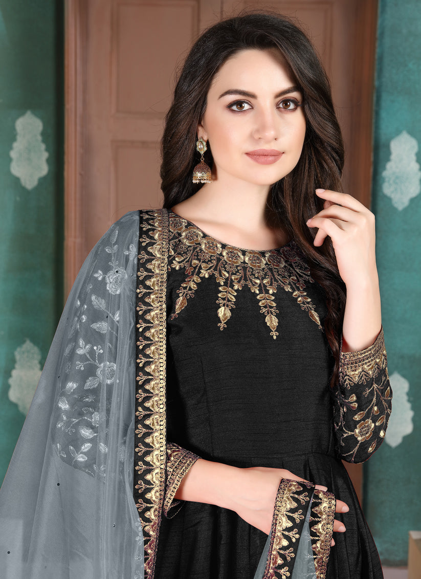 Trendsetting Black Silk Slub Embroidered Anarkali Suit