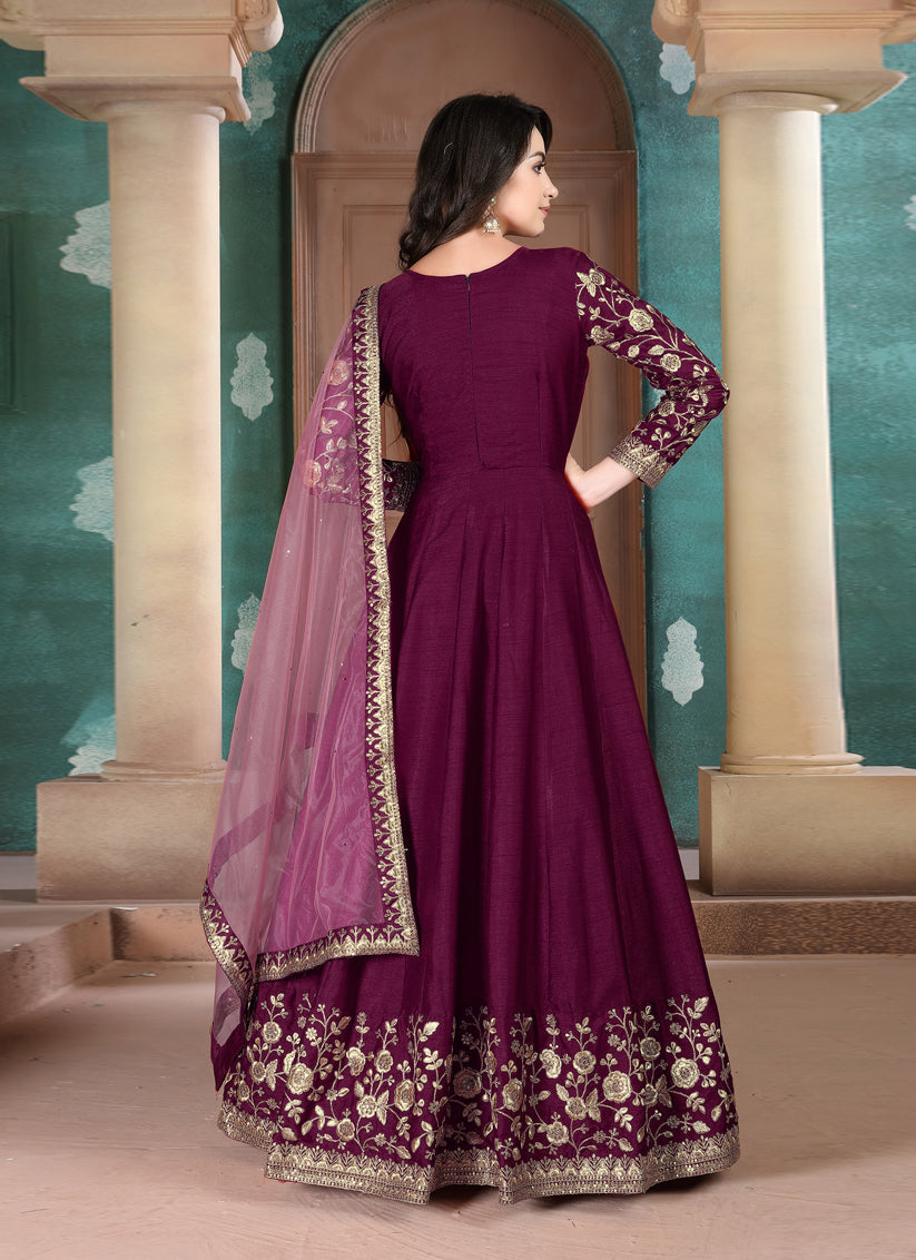 Luxurious Wine Silk Slub Embroidered Anarkali Suit