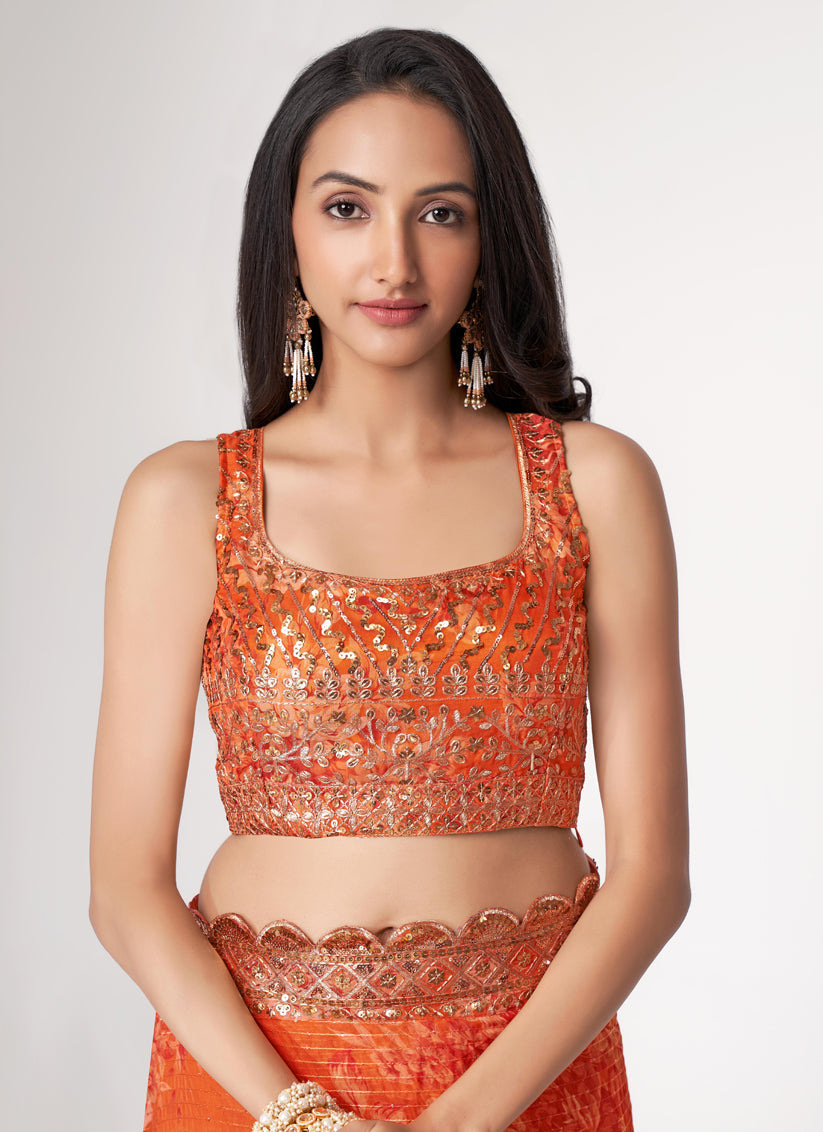 Adorable Tangy Orange Organza Sequins Saree