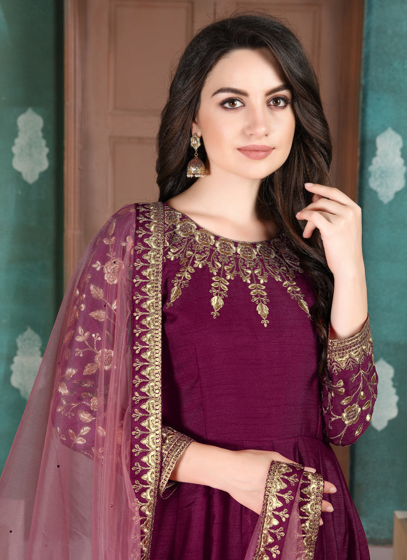 Luxurious Wine Silk Slub Embroidered Anarkali Suit