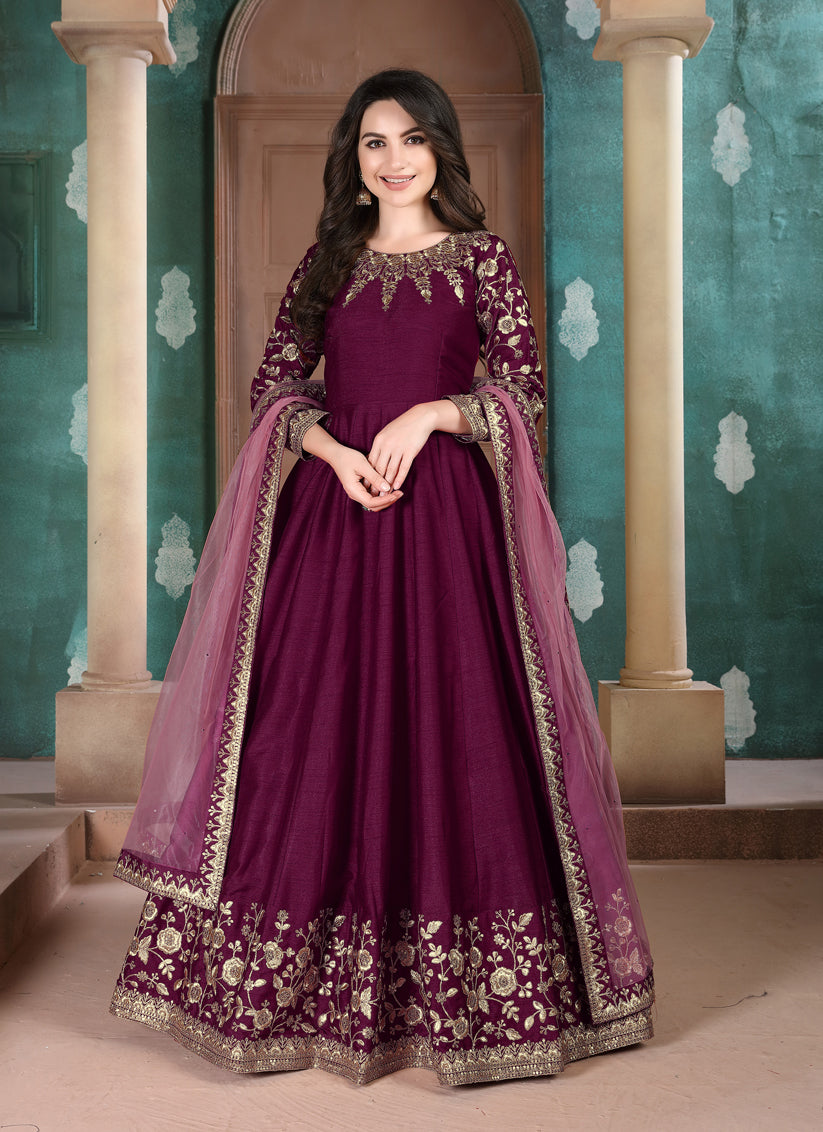 Luxurious Wine Silk Slub Embroidered Anarkali Suit