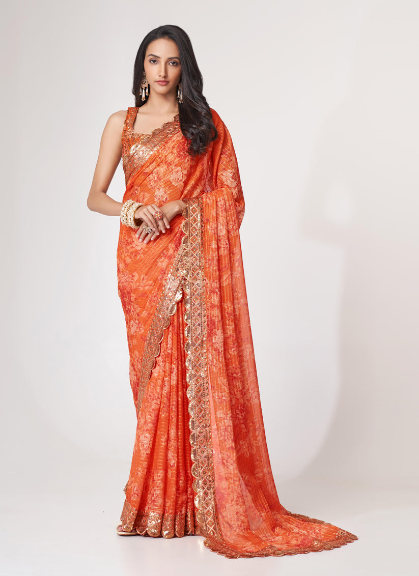 Adorable Tangy Orange Organza Sequins Saree