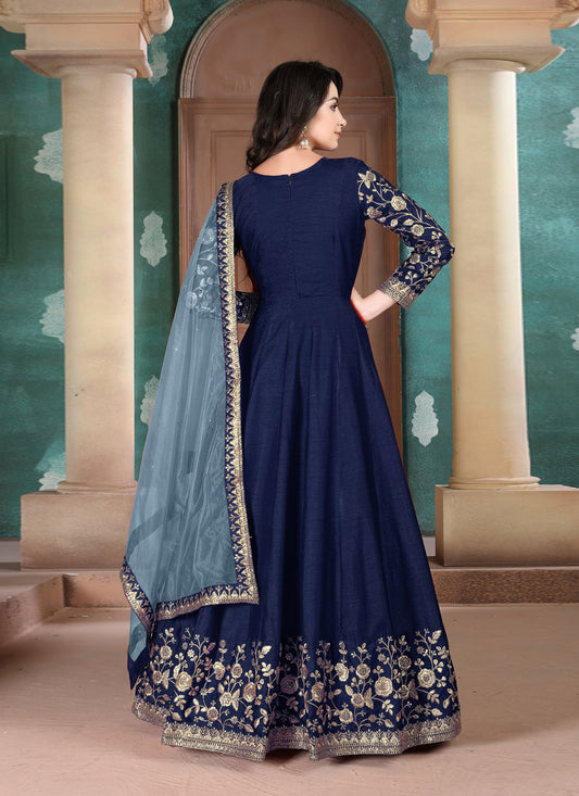 Charismatic Navy Blue Silk Slub Embroidered Anarkali Suit