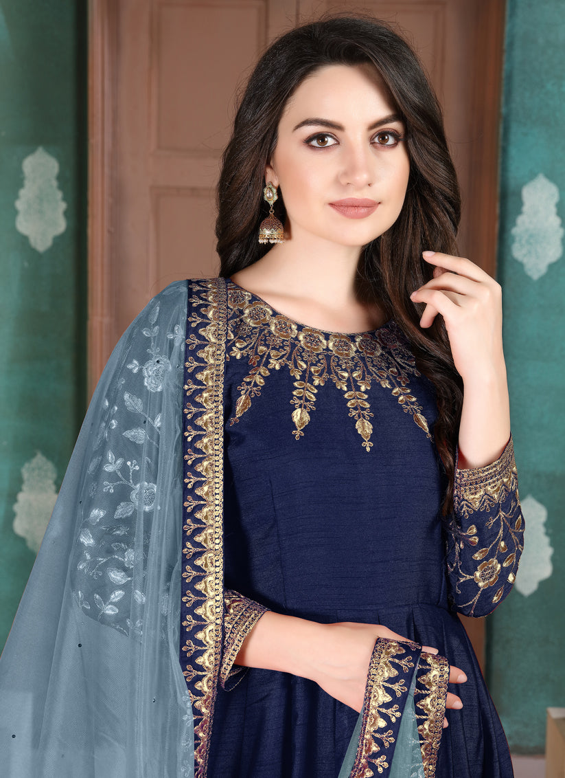 Charismatic Navy Blue Silk Slub Embroidered Anarkali Suit