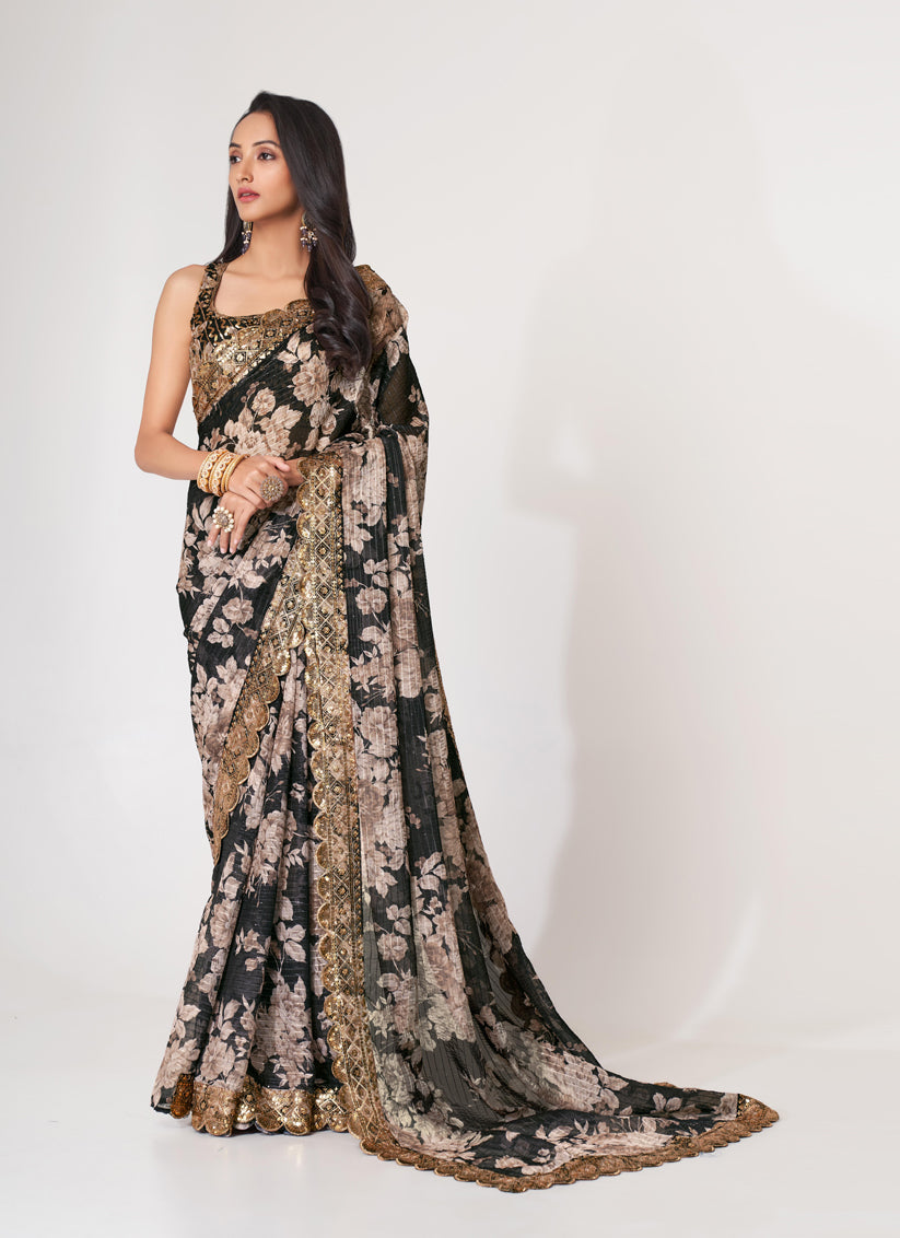Amazing Black Organza Sequins Saree