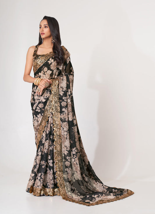 Amazing Black Organza Sequins Saree