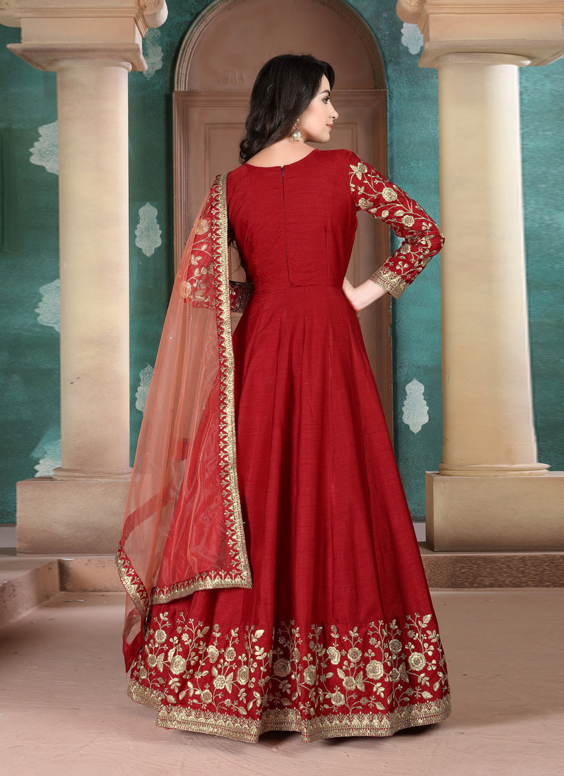 Wonderful Rust Red Silk Slub Embroidered Anarkali Suit