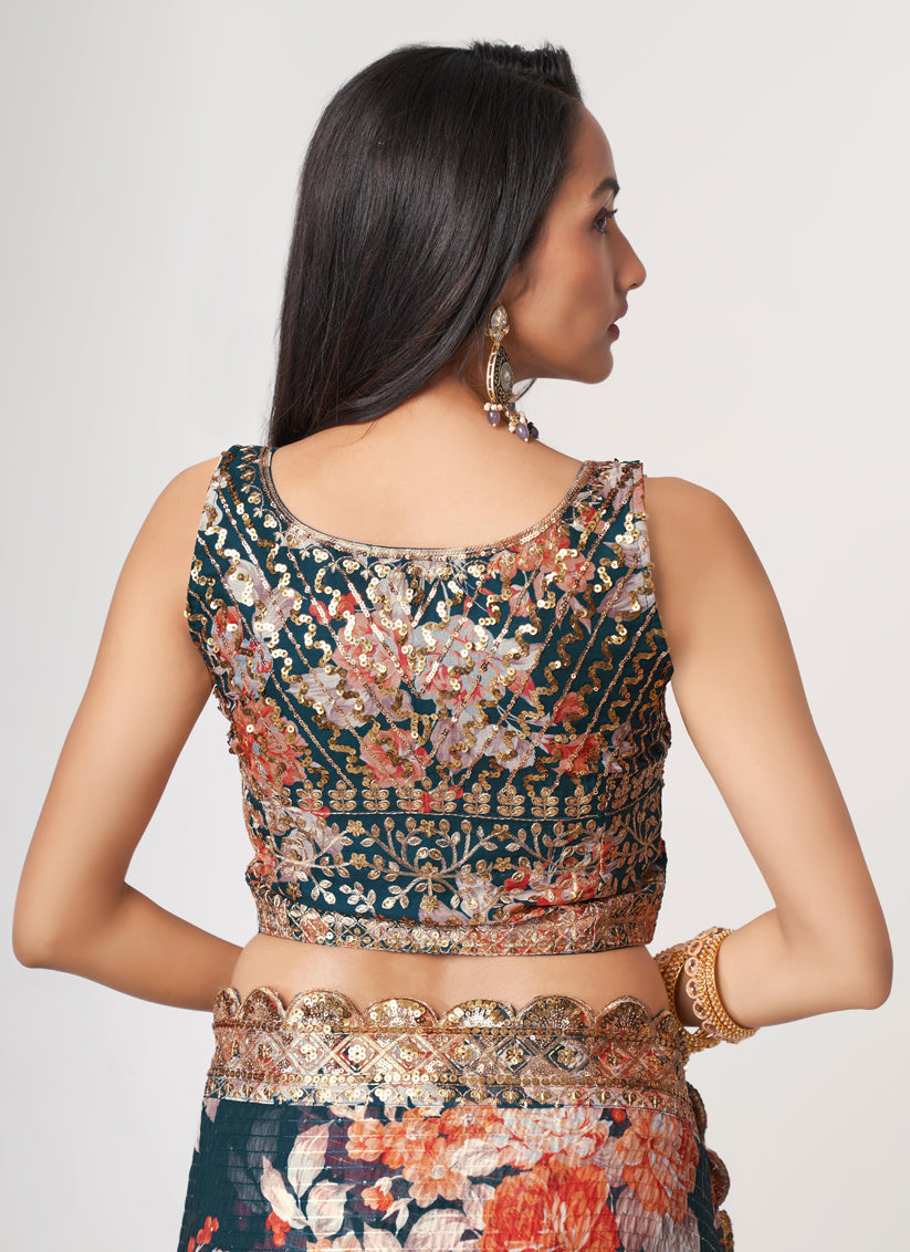 Charming Peacock Blue Organza Sequins Saree