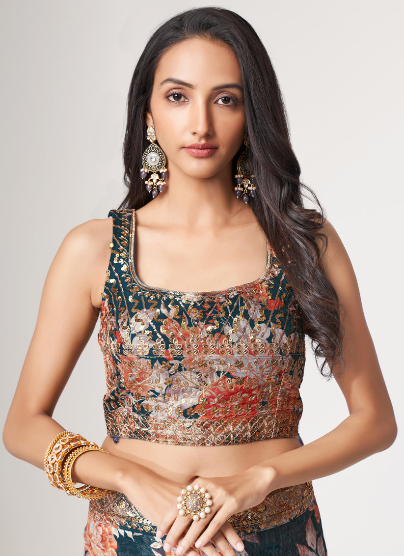 Charming Peacock Blue Organza Sequins Saree