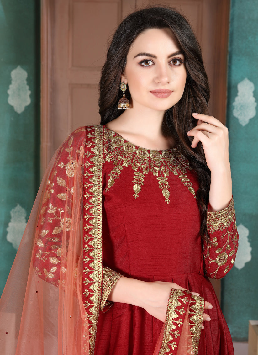 Wonderful Rust Red Silk Slub Embroidered Anarkali Suit
