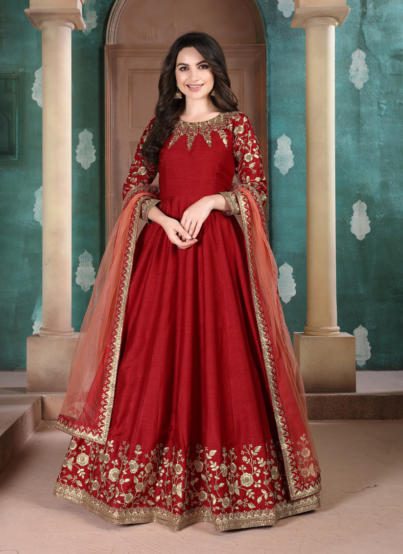 Wonderful Rust Red Silk Slub Embroidered Anarkali Suit