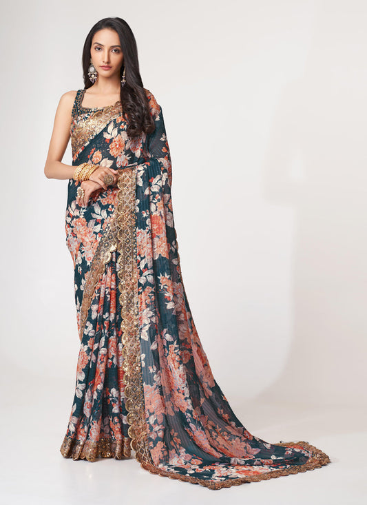 Charming Peacock Blue Organza Sequins Saree