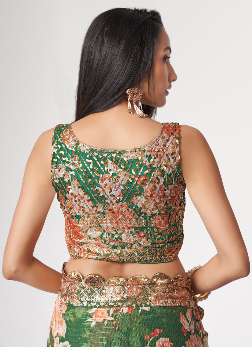 Trendsetting Forest Green Organza Sequins Saree