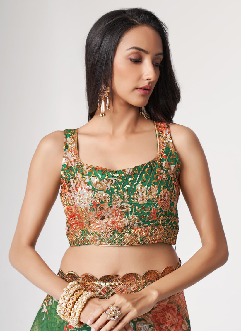 Trendsetting Forest Green Organza Sequins Saree