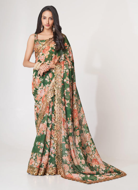 Trendsetting Forest Green Organza Sequins Saree