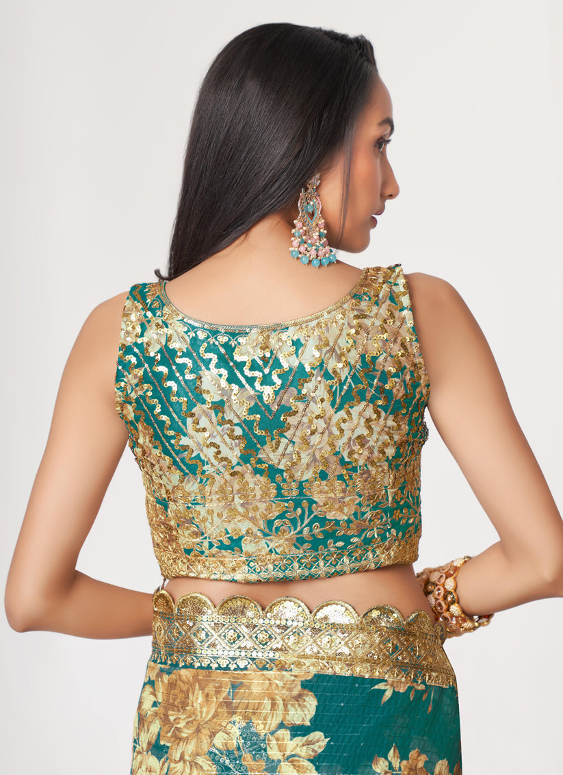 Fashionable Teal Green Organza Sequins Saree
