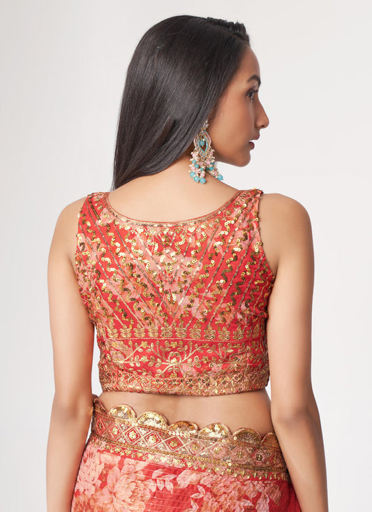 Vibrant Hot Red Organza Sequins Saree