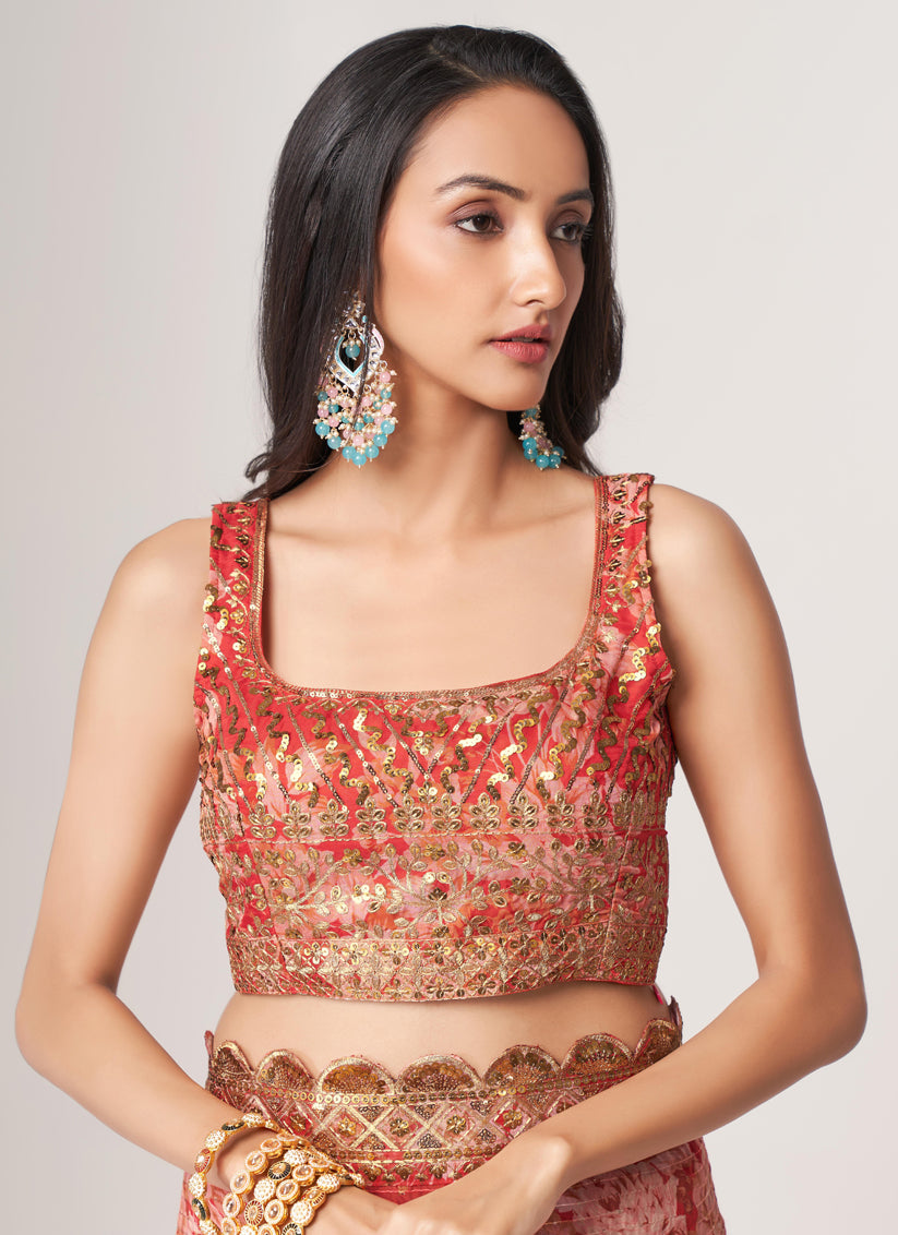 Vibrant Hot Red Organza Sequins Saree