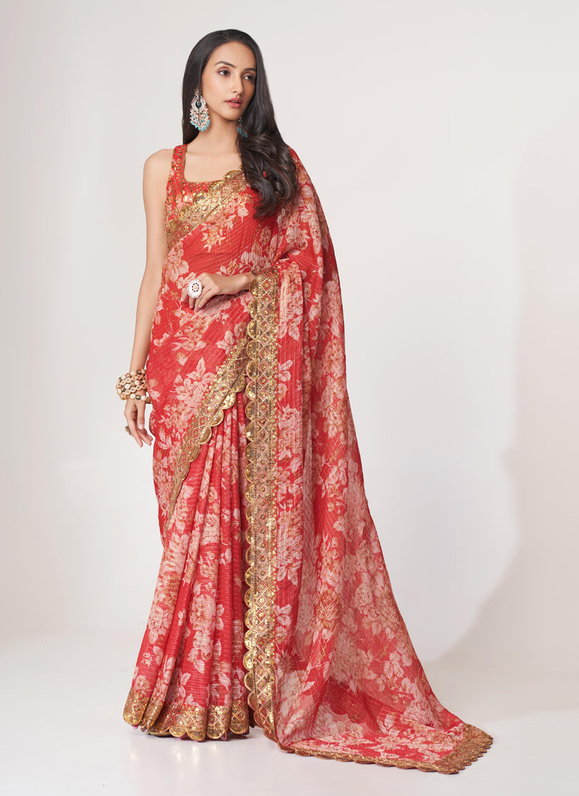 Vibrant Hot Red Organza Sequins Saree