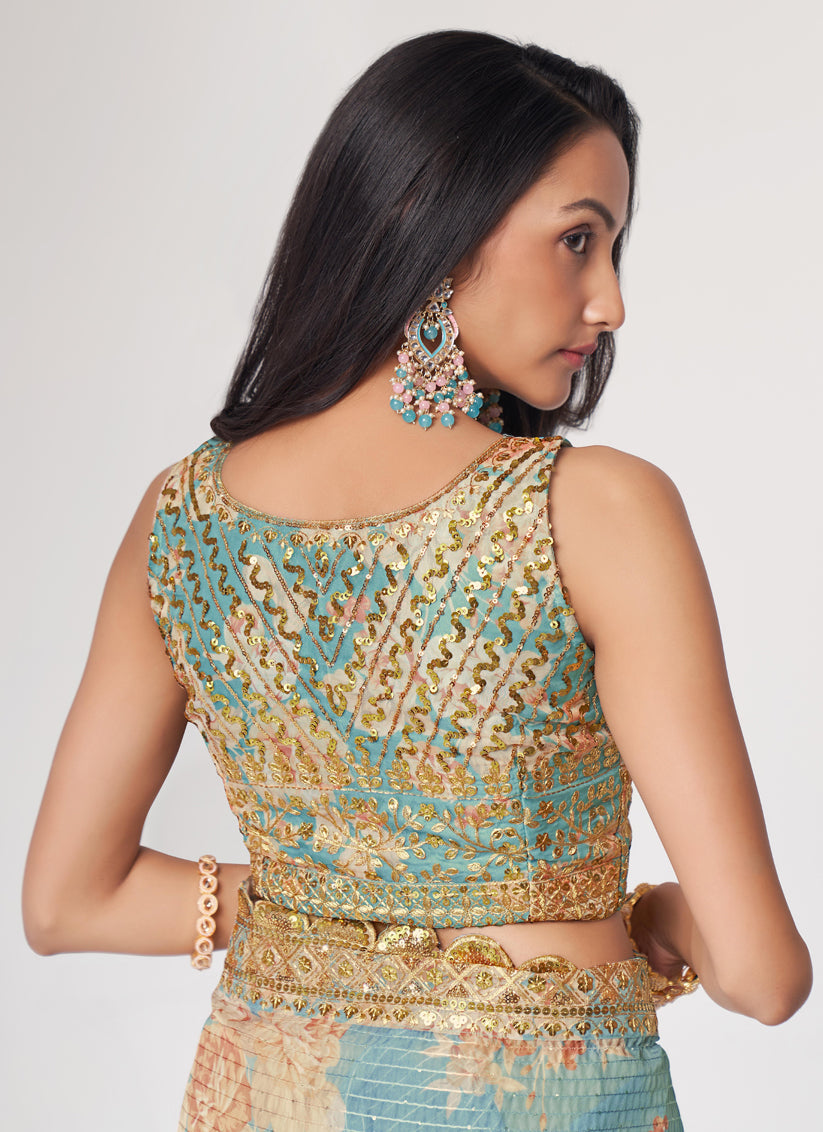 Sophisticated Aqua Blue Organza Sequins Saree