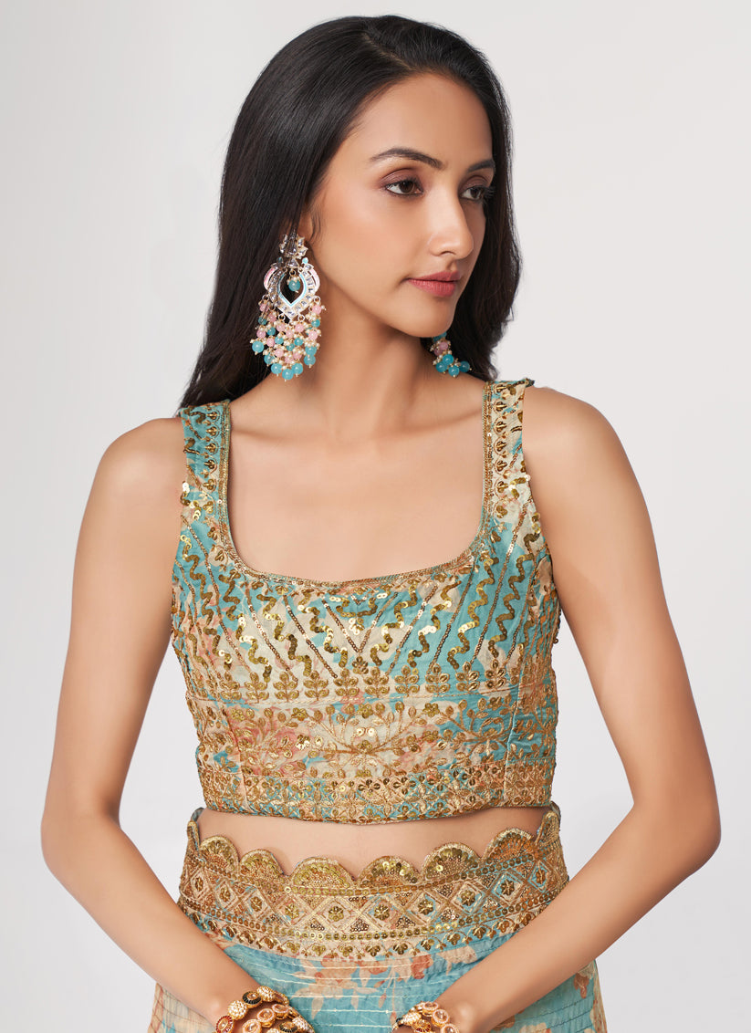 Sophisticated Aqua Blue Organza Sequins Saree