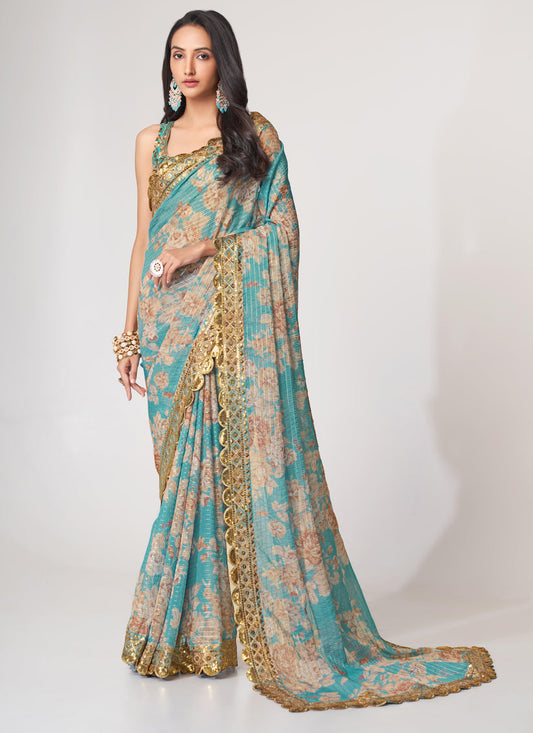 Sophisticated Aqua Blue Organza Sequins Saree