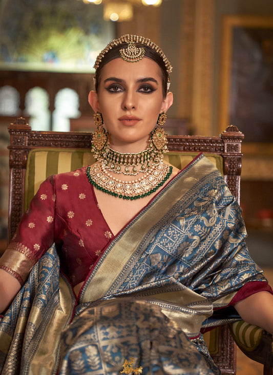 Teal Blue Silk Banarasi Woven Saree