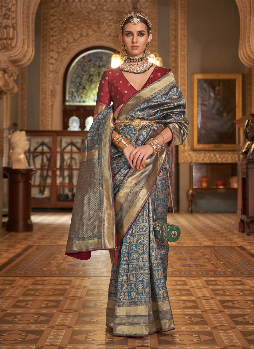 Teal Blue Silk Banarasi Woven Saree