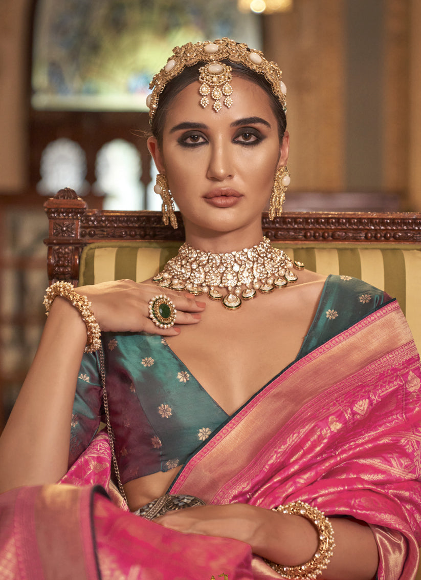 Cherry Pink Silk Banarasi Woven Saree