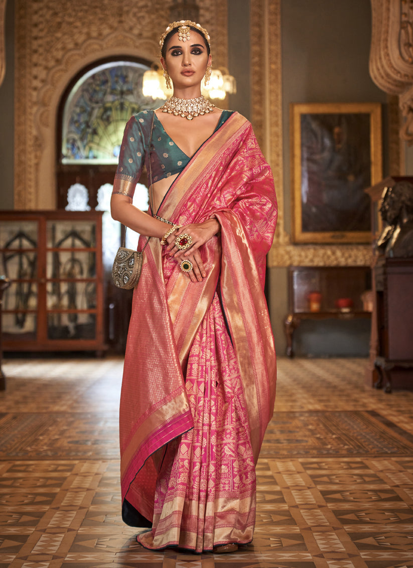 Cherry Pink Silk Banarasi Woven Saree